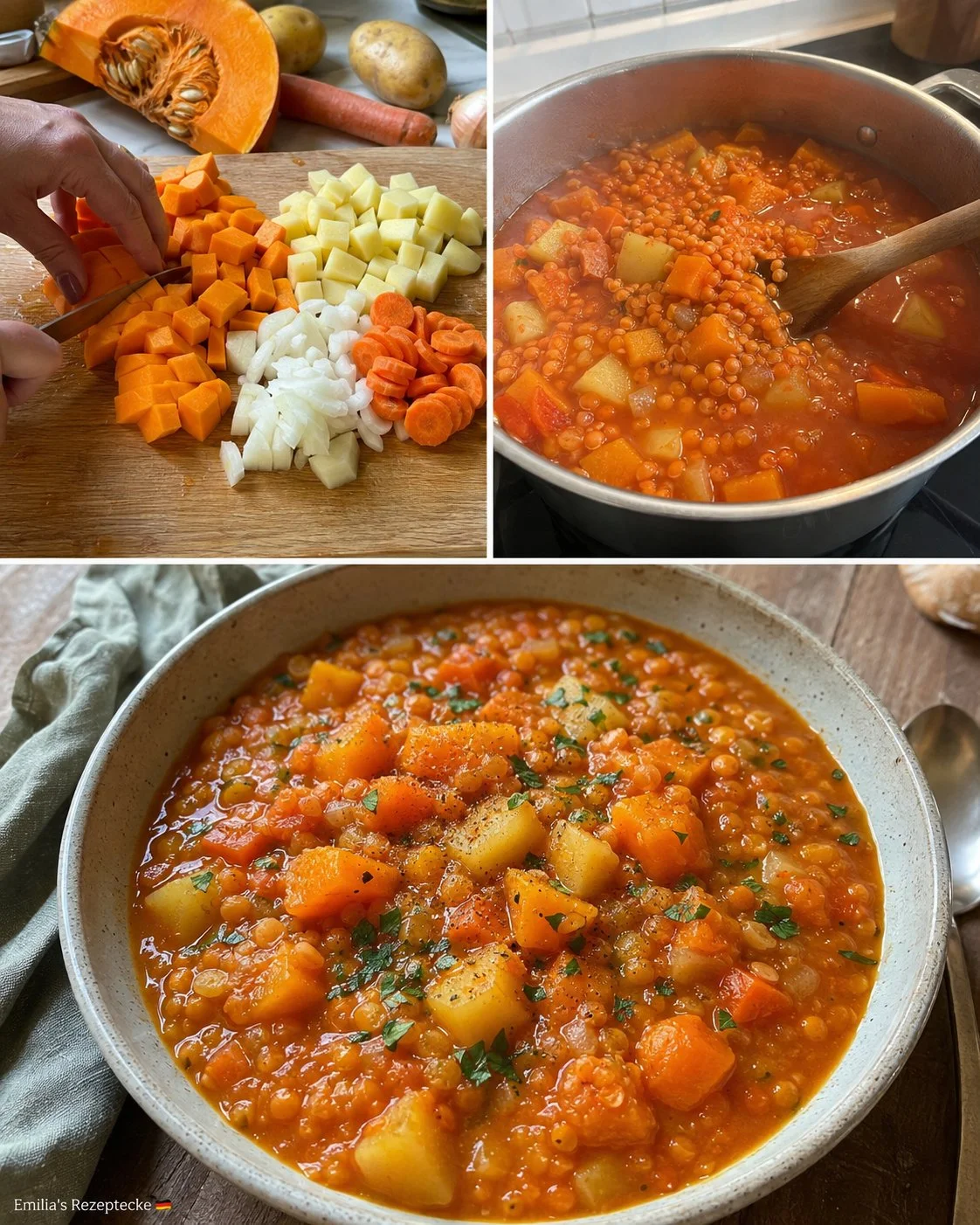 Kürbis-Kartoffel-Eintopf mit roten Linsen in einer Schüssel, appetitlich angerichtet
