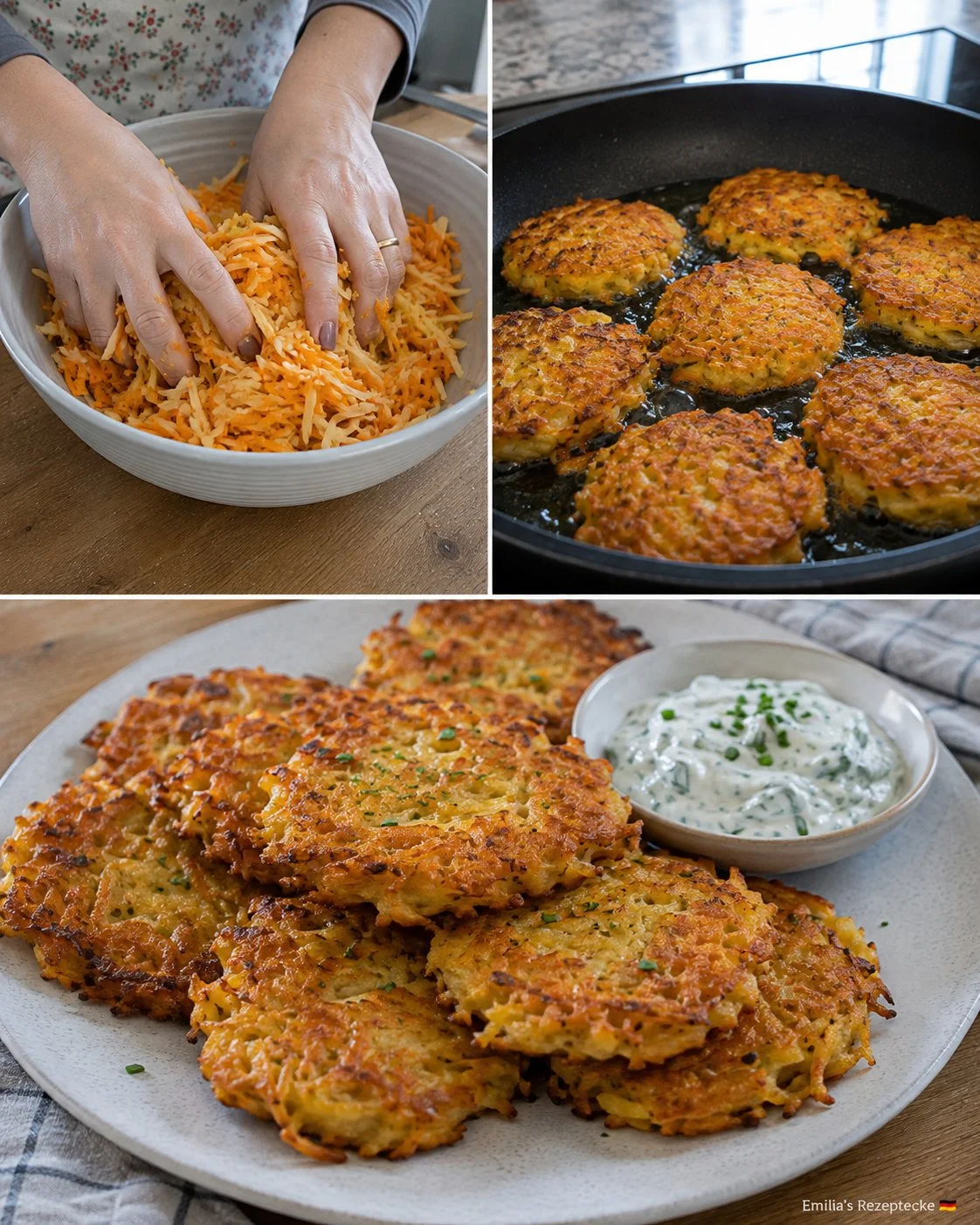 Kürbis-Kartoffel-Puffer mit Kräuterquark auf einem Teller serviert.