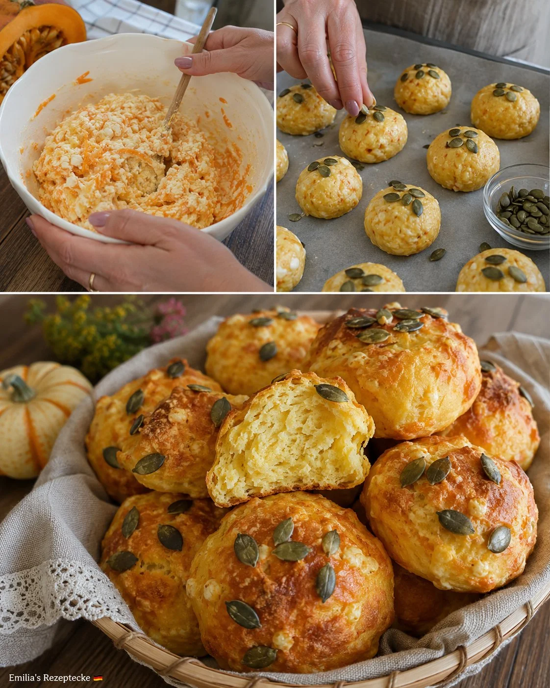 Kürbis-Käse-Brötchen aus Quark-Öl-Teig auf einem Holzbrett angerichtet.