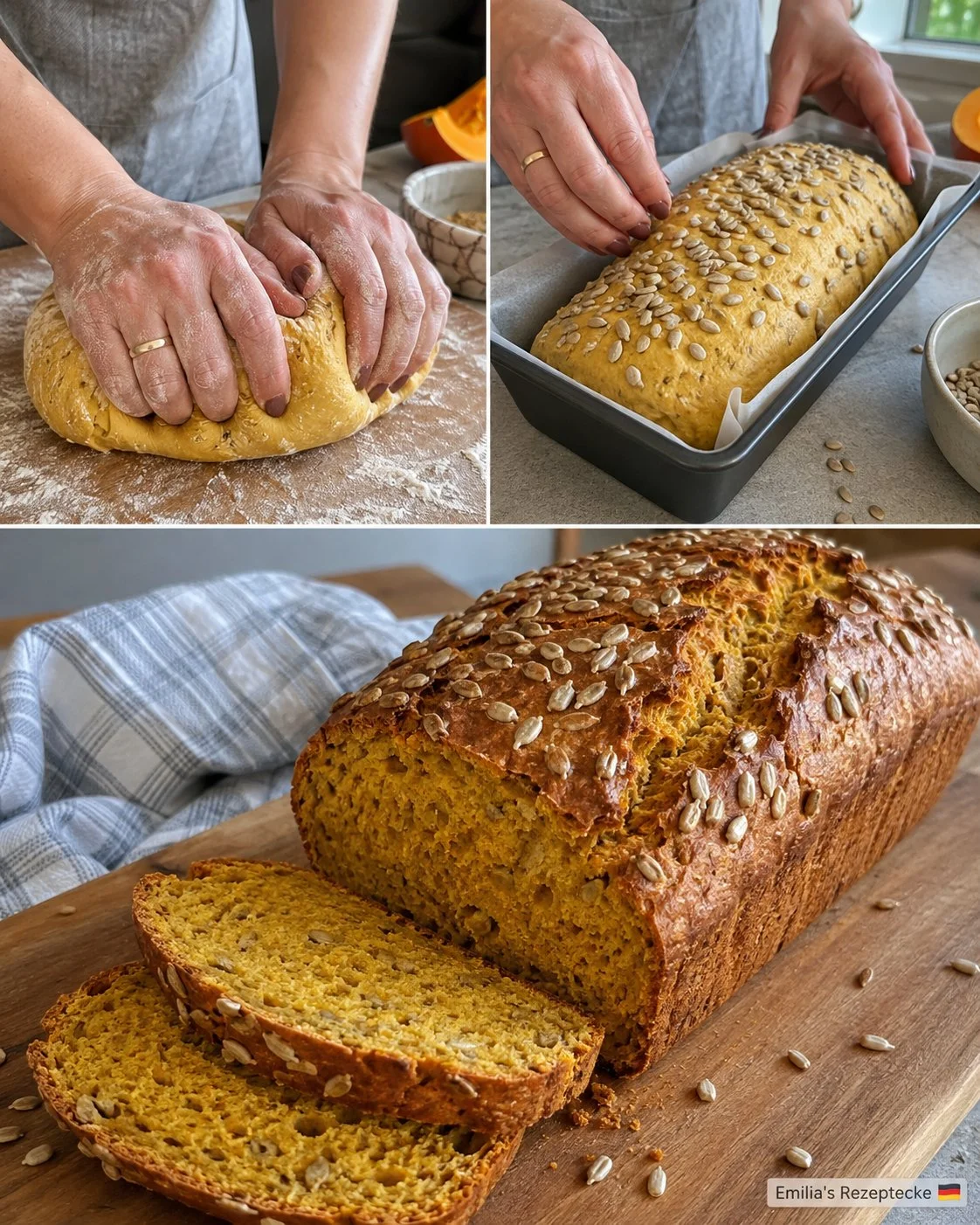 Scheiben von Kürbisbrot mit Sonnenblumenkernen auf einem Holzbrett