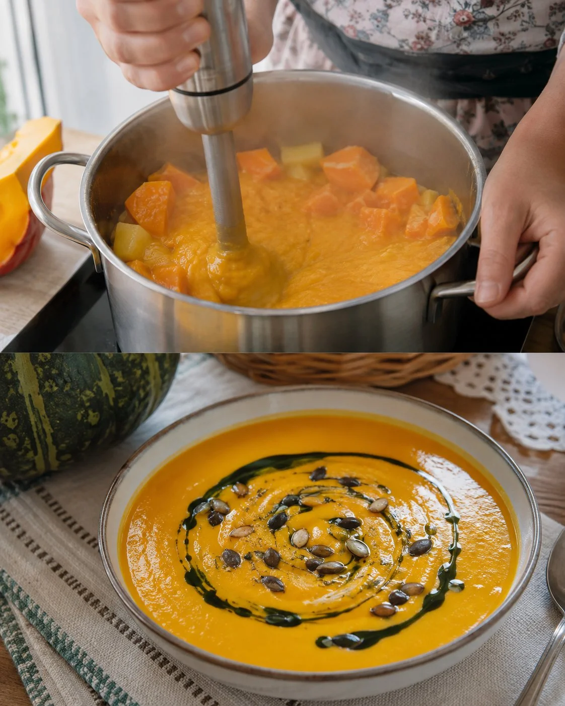 Kürbiscremesuppe mit steirischem Kernöl in einer Schüssel serviert