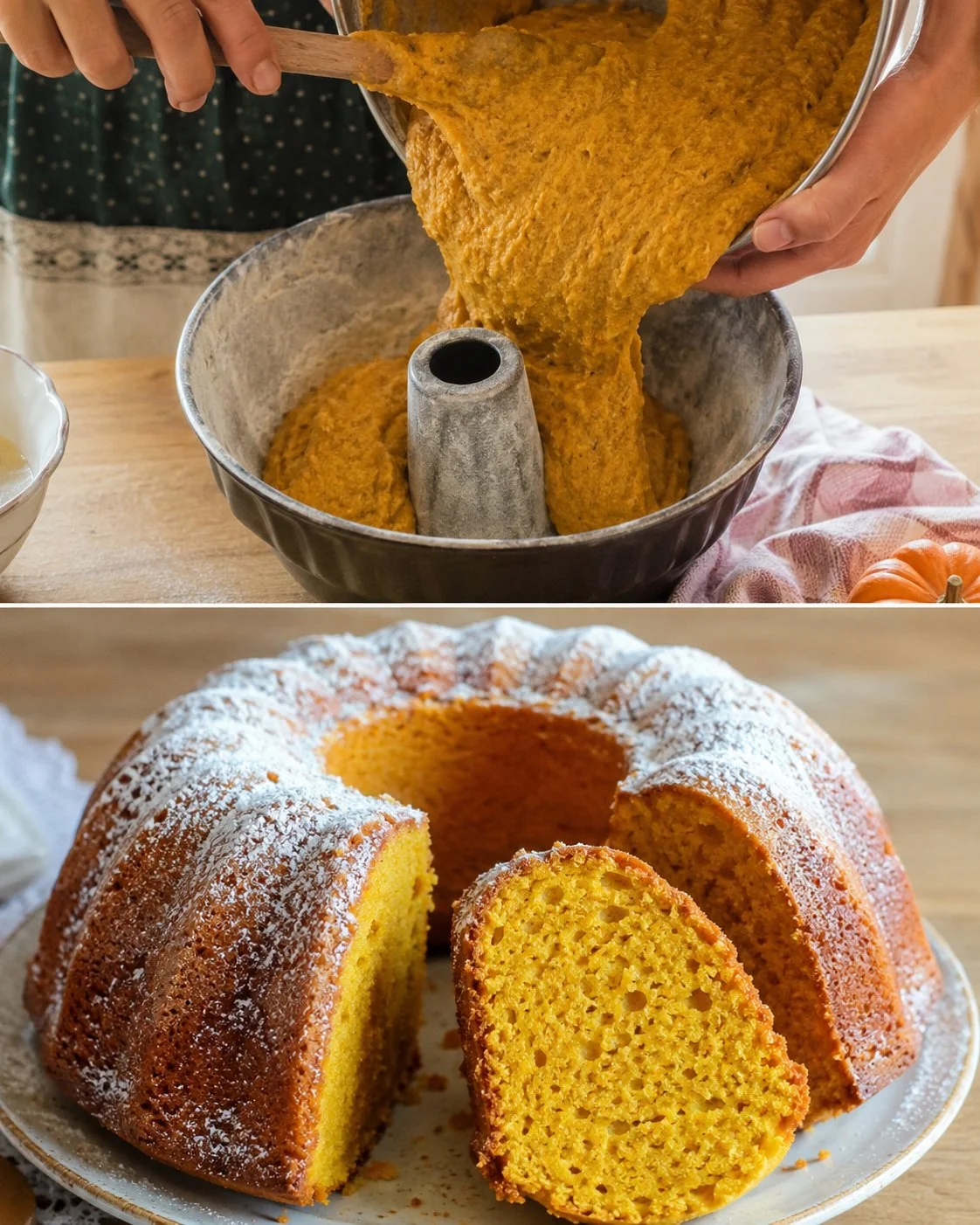 Delizioso Kürbisgugelhupf mit Zimt auf einem rustikalen Tisch serviert.