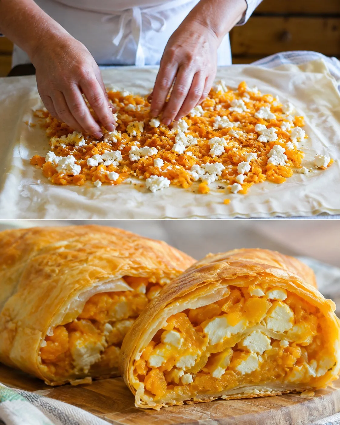Kürbisstrudel mit Schafkäse auf einem weißen Teller, serviert mit frischen Kräutern