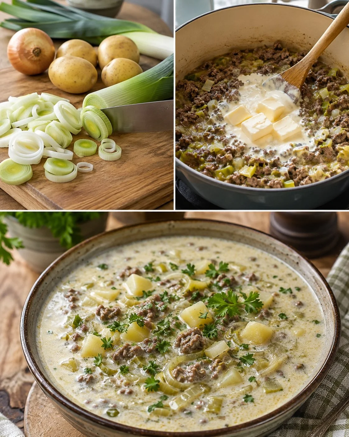 Lauchsuppe mit Rinderhack und Schmelzkäse in einer Schüssel serviert