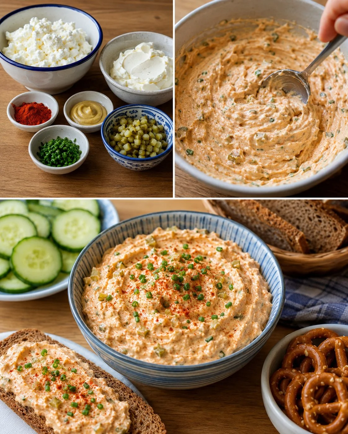 Liptauer-Quark-Aufstrich mit Paprika und Gurke auf einem rustikalen Holzbrett