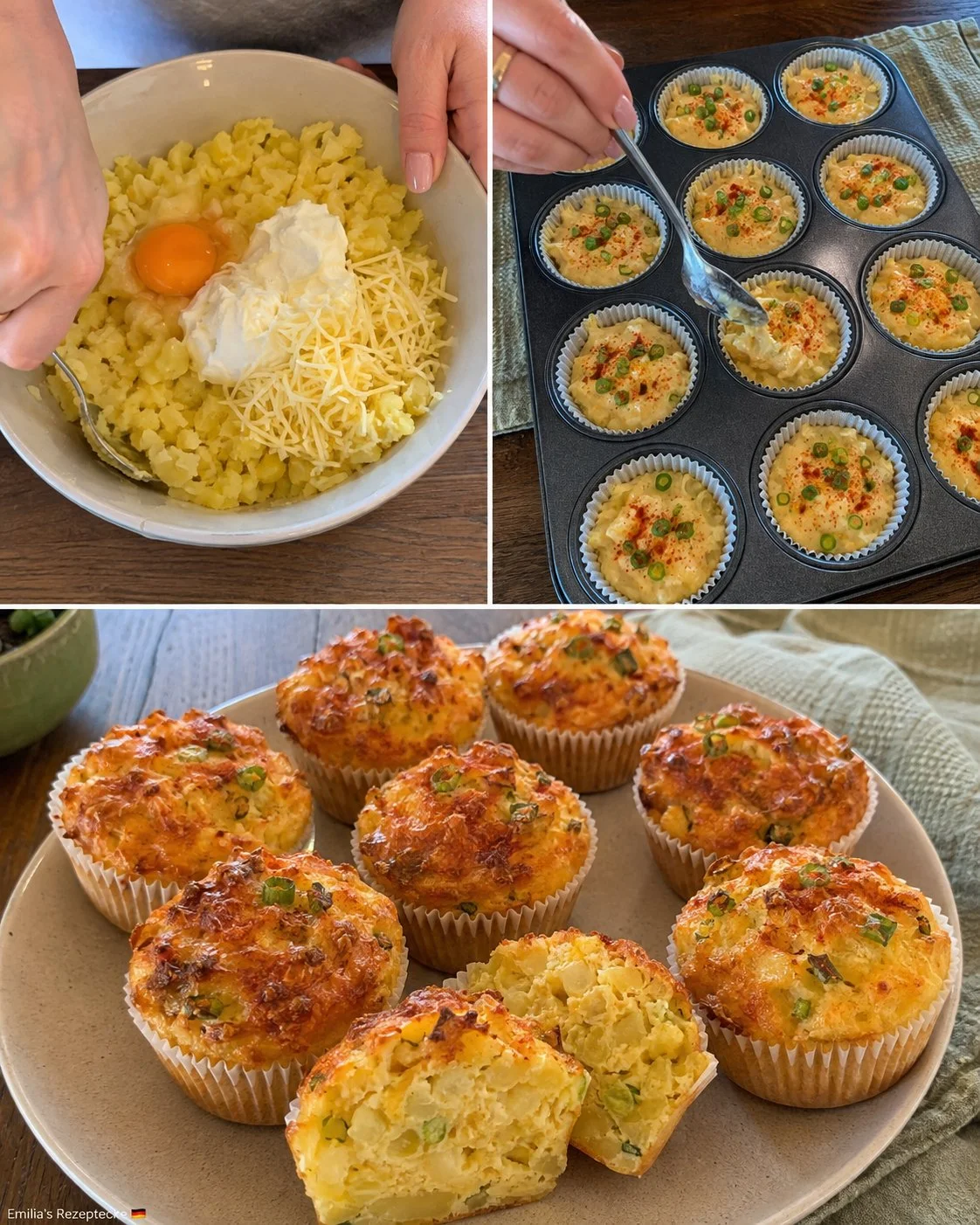 Saftige Kartoffel-Käse-Muffins für die Lunchbox auf einem Holzbrett