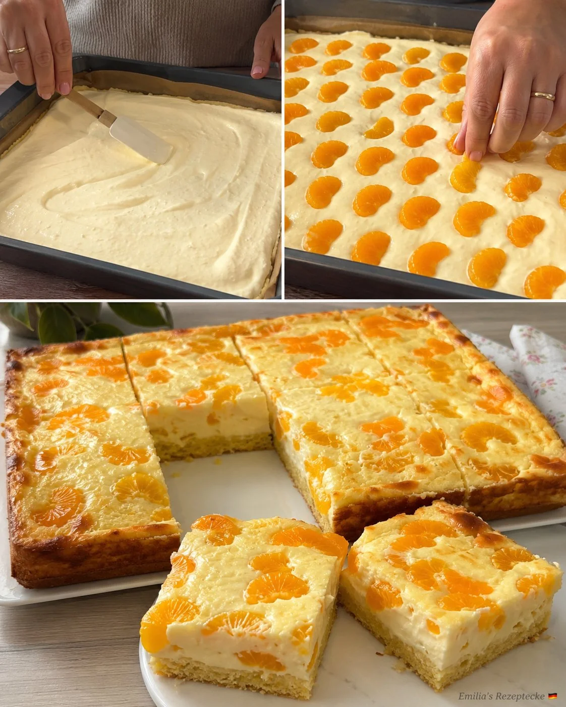 Saftiger Mandarinen-Quark-Blechkuchen auf einem Backblech