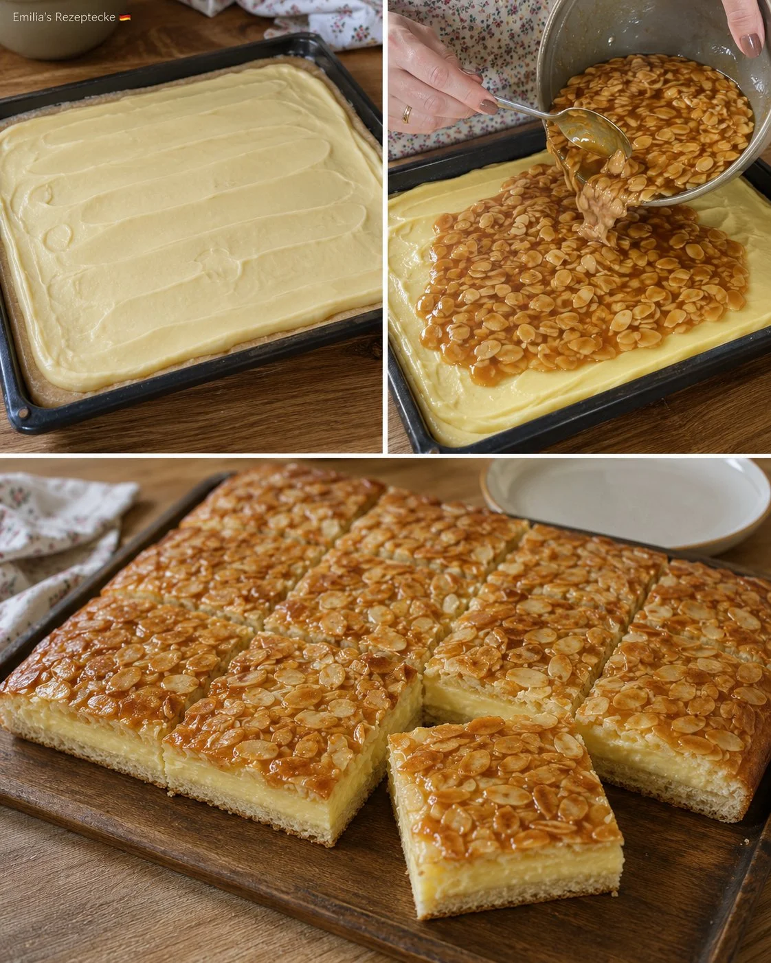 Leckerer Mandel-Pudding-Blechkuchen auf einem Backblech.