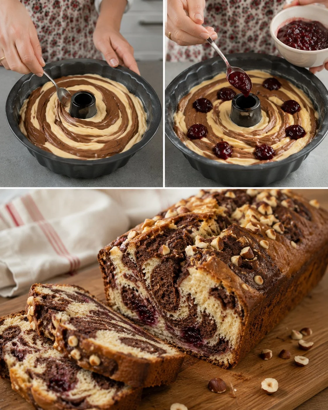 Marmorkuchen mit Haselnuss und Kirschklecks, serviert auf einem Teller