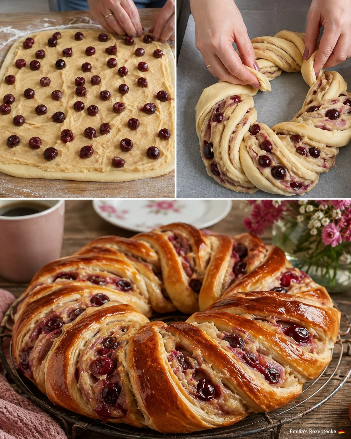 Marzipan-Kirsch-Kranz mit Kirschen und Mandeln auf einem weißen Teller