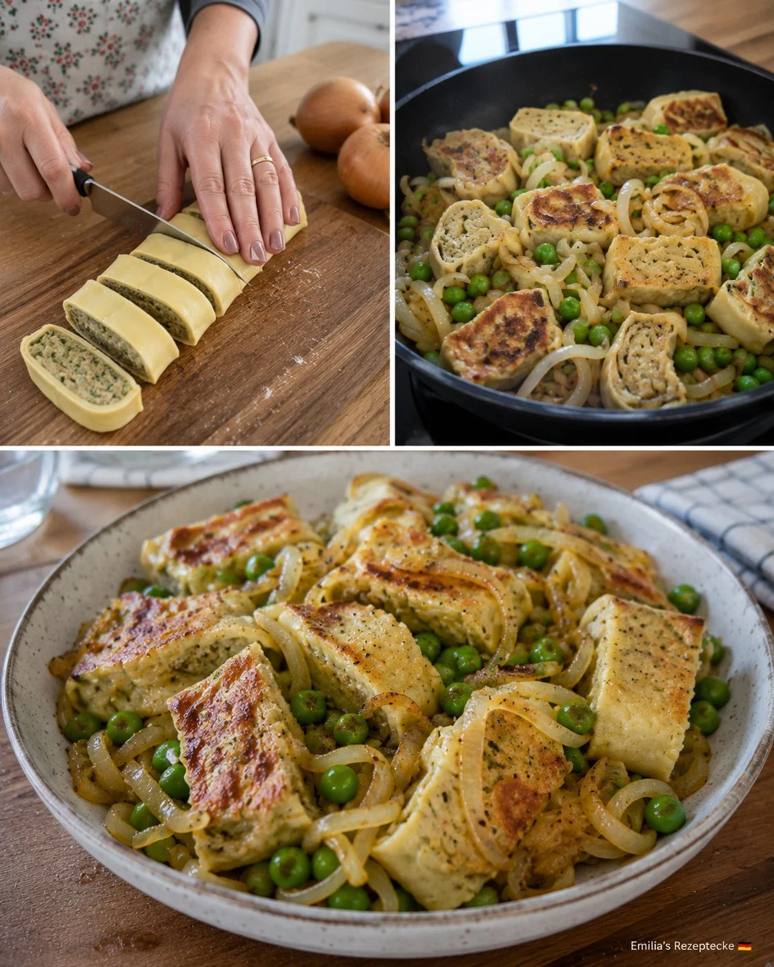 Maultaschen-Pfanne mit Butterzwiebeln und Erbsen in einer Pfanne serviert