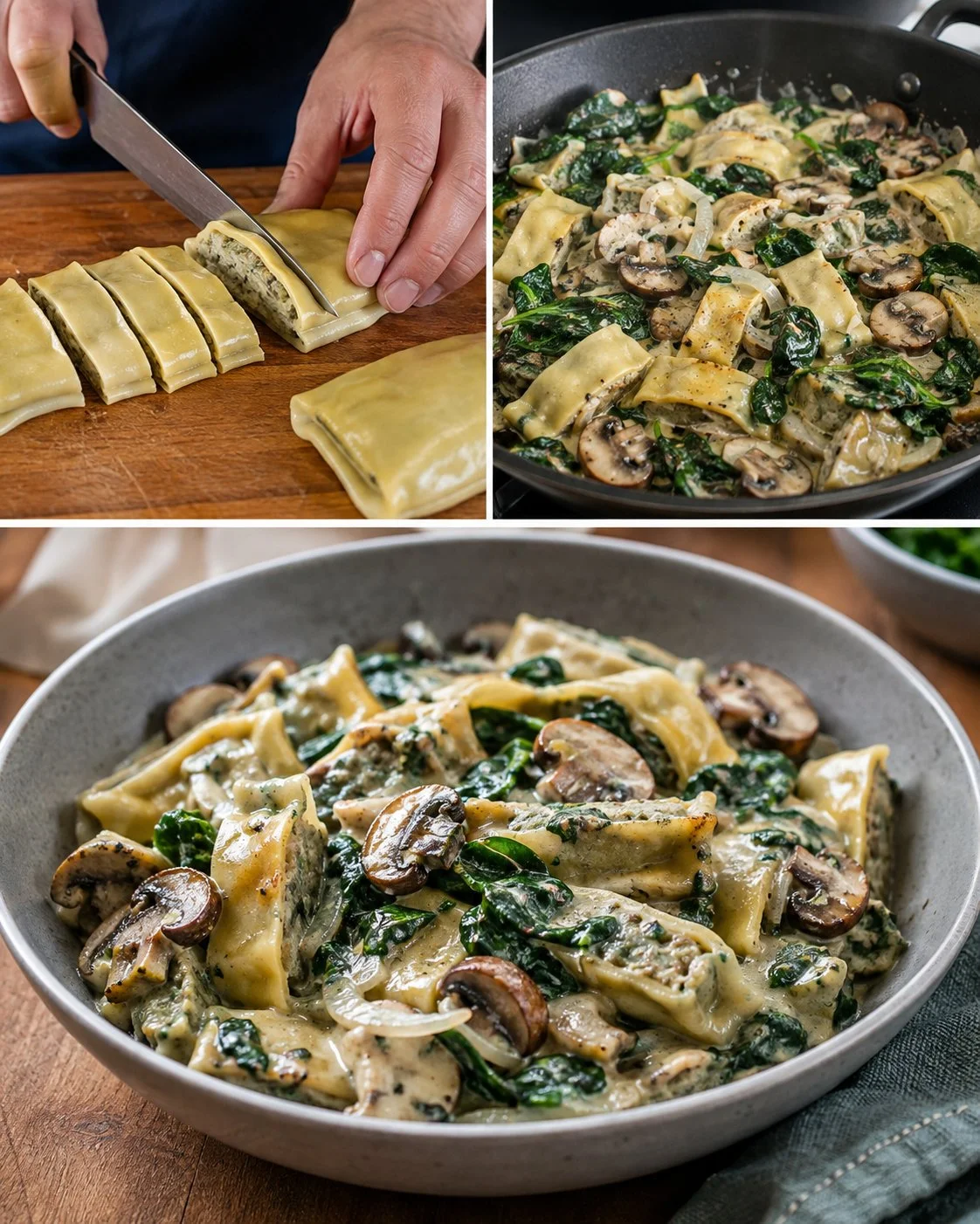 Maultaschen-Pfanne mit Spinat und Pilzen auf einem Teller serviert