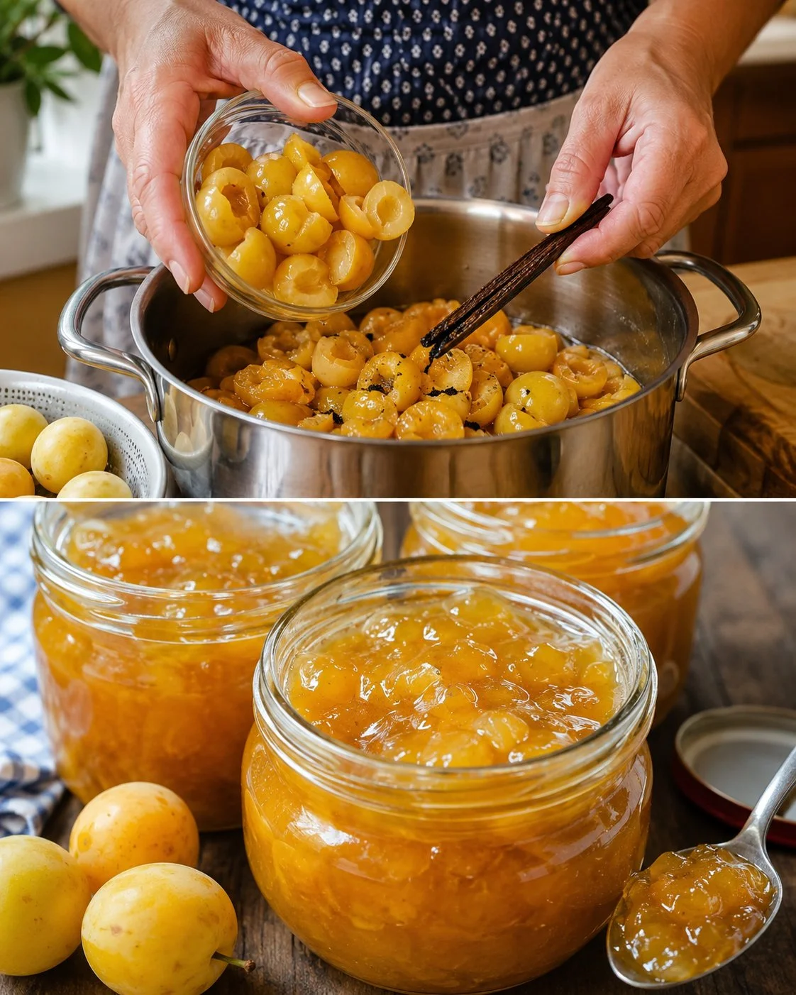 Hausgemachte Mirabellenmarmelade mit Vanille in einem Glas