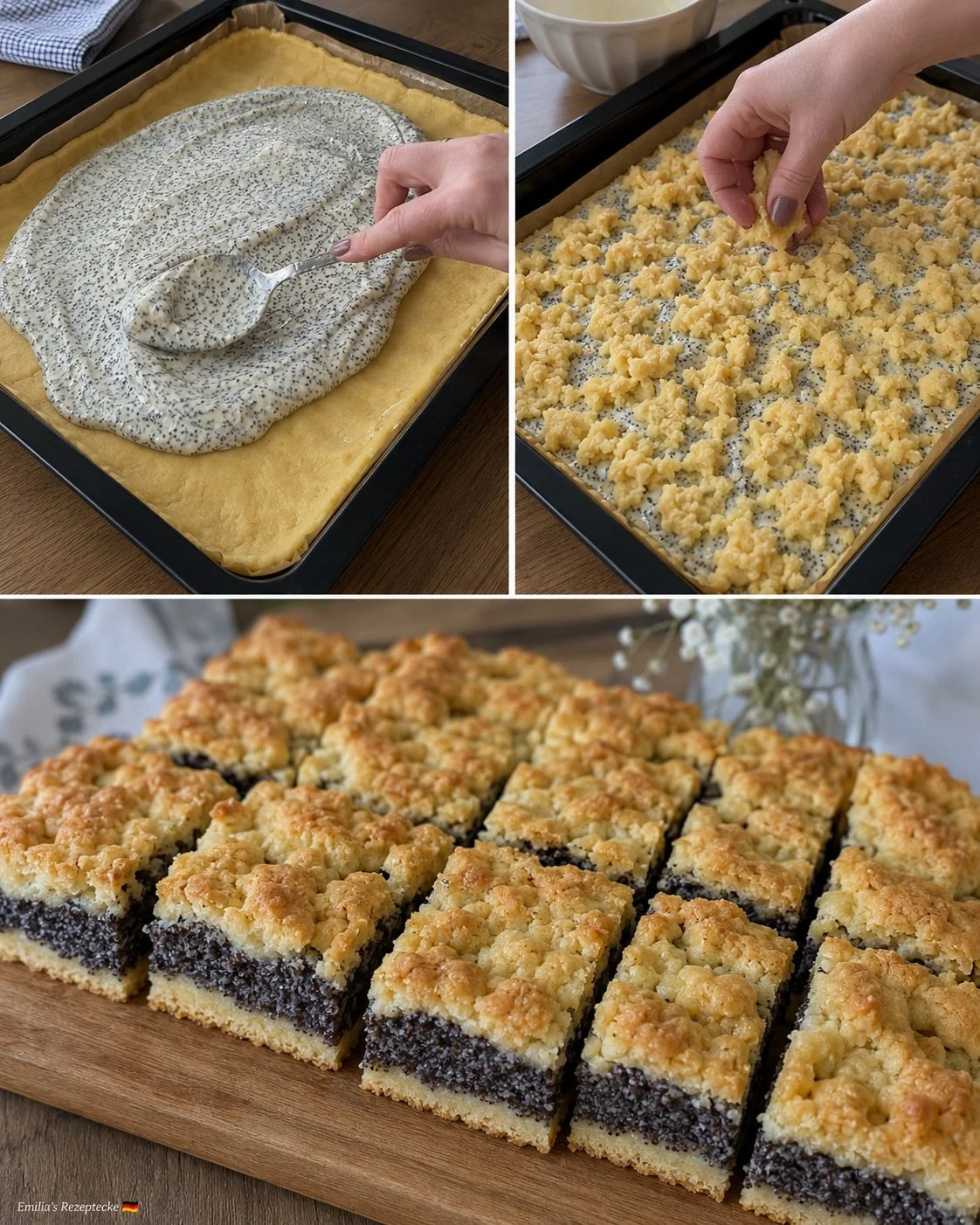 Mohn-Pudding-Kuchen vom Blech mit Pudding und Mohnfüllung