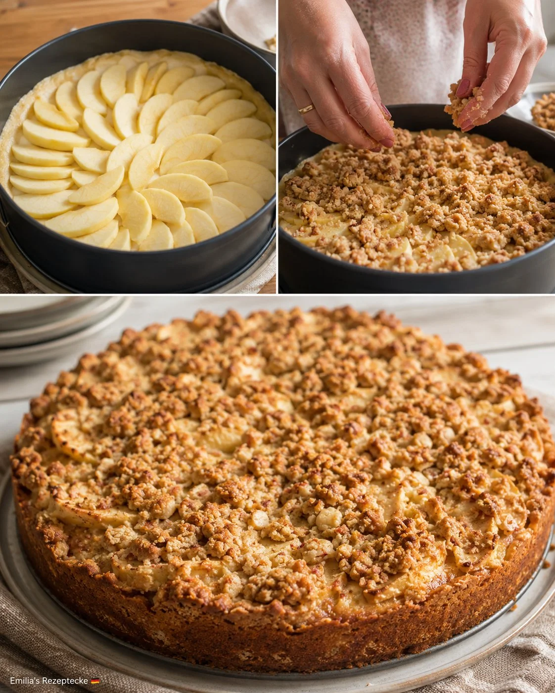 Nussbutter-Streuselkuchen mit Äpfeln auf einem weißen Teller
