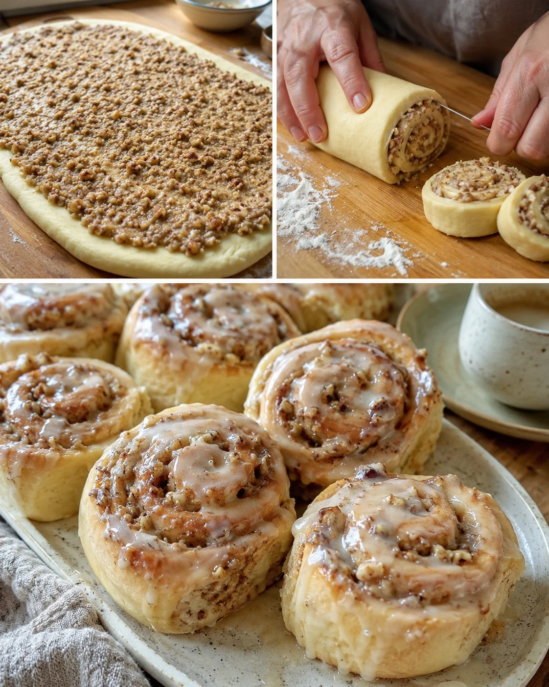 Nussstollen-Schnecken mit Zimtglasur auf einem Teller angerichtet