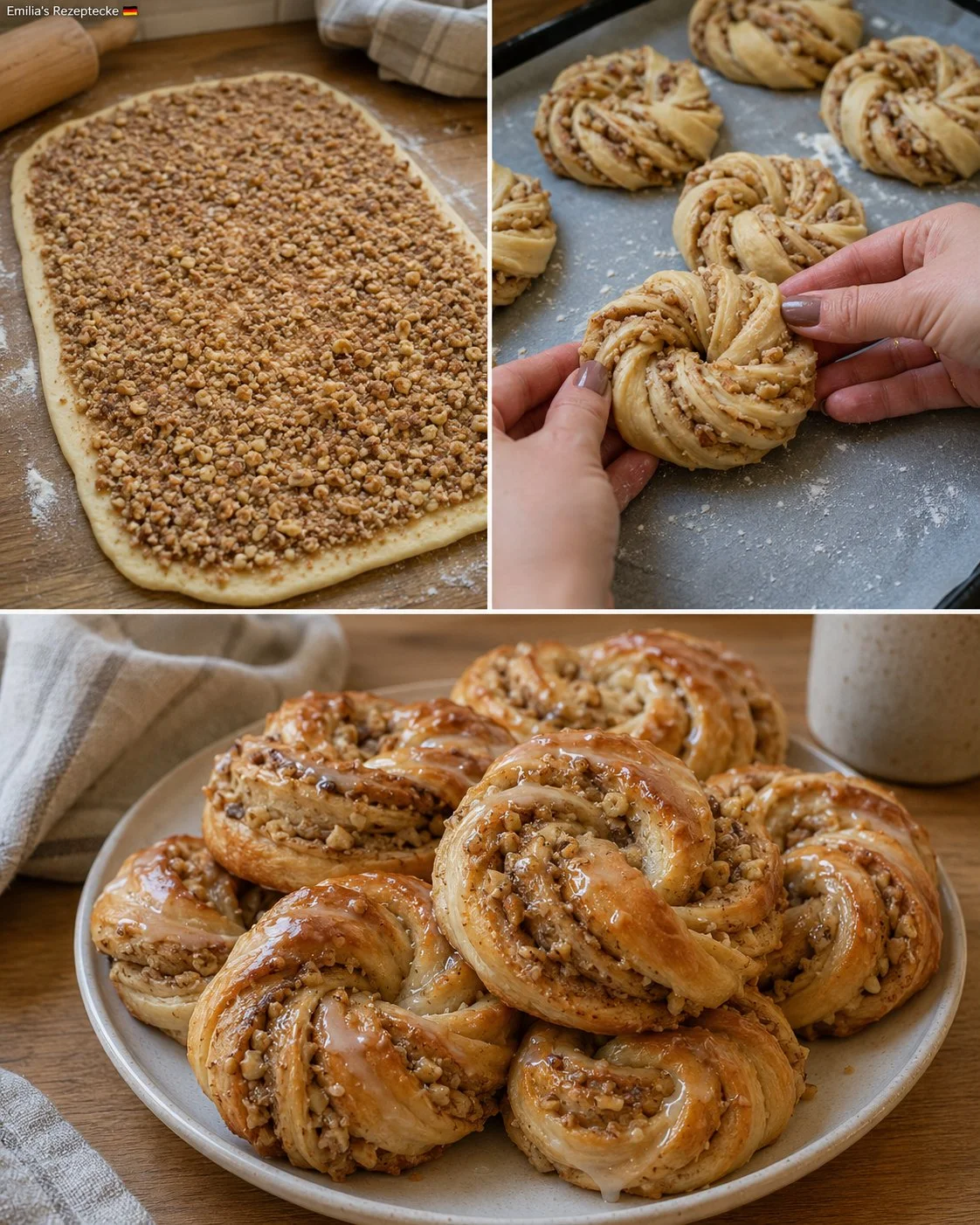 Nusszopf-Schnecken mit Honigglasur auf einem Teller