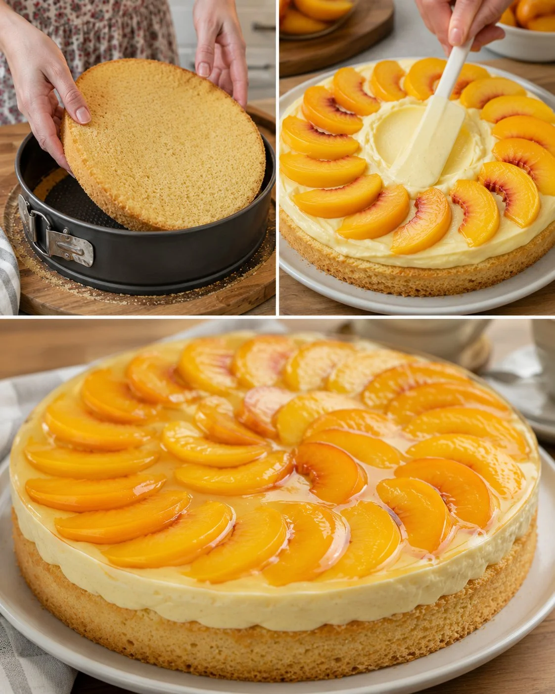 Obstkuchenboden mit saftigen Pfirsichen und Vanilleguss auf einem Teller