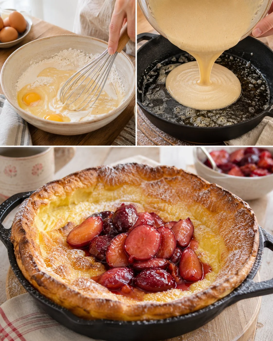 Ofen-Dutch-Baby mit Pflaumenkompott auf einem Teller serviert.