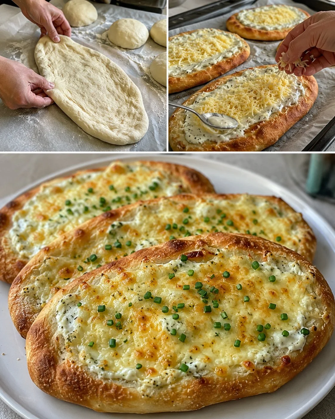 Ofen-Lángos mit Knoblauchquark und Käse auf einem Teller serviert