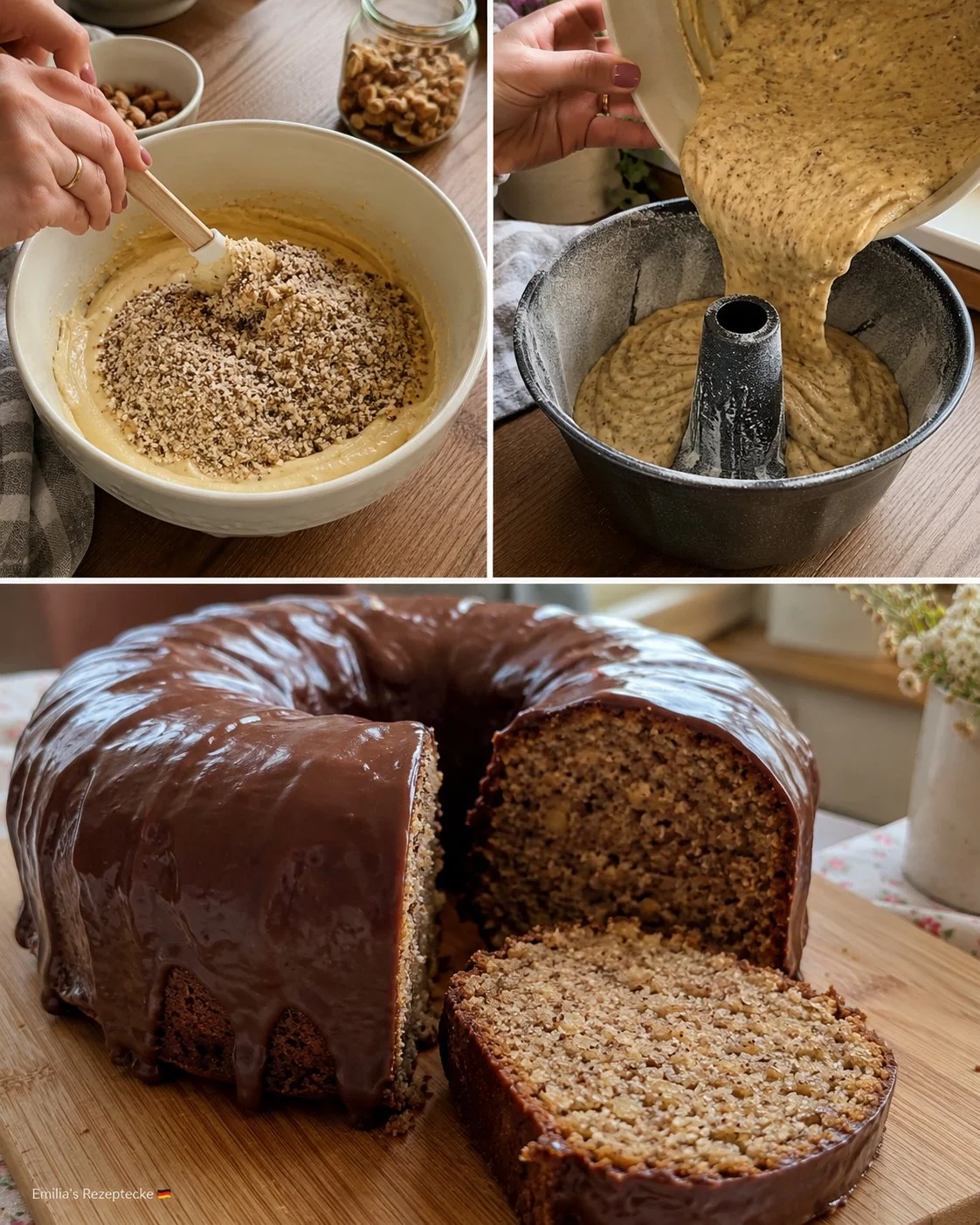 Omas Nusskuchen mit leckerer Schokoglasur auf einem Teller