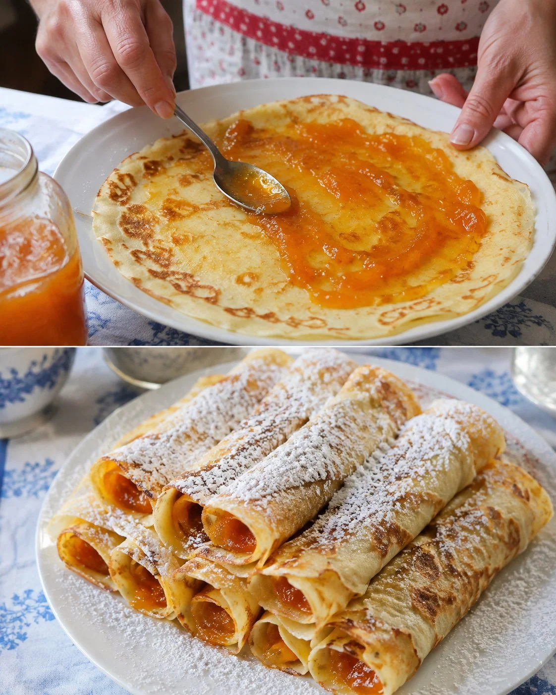 Palatschinken mit Marillenmarmelade auf einem Teller serviert