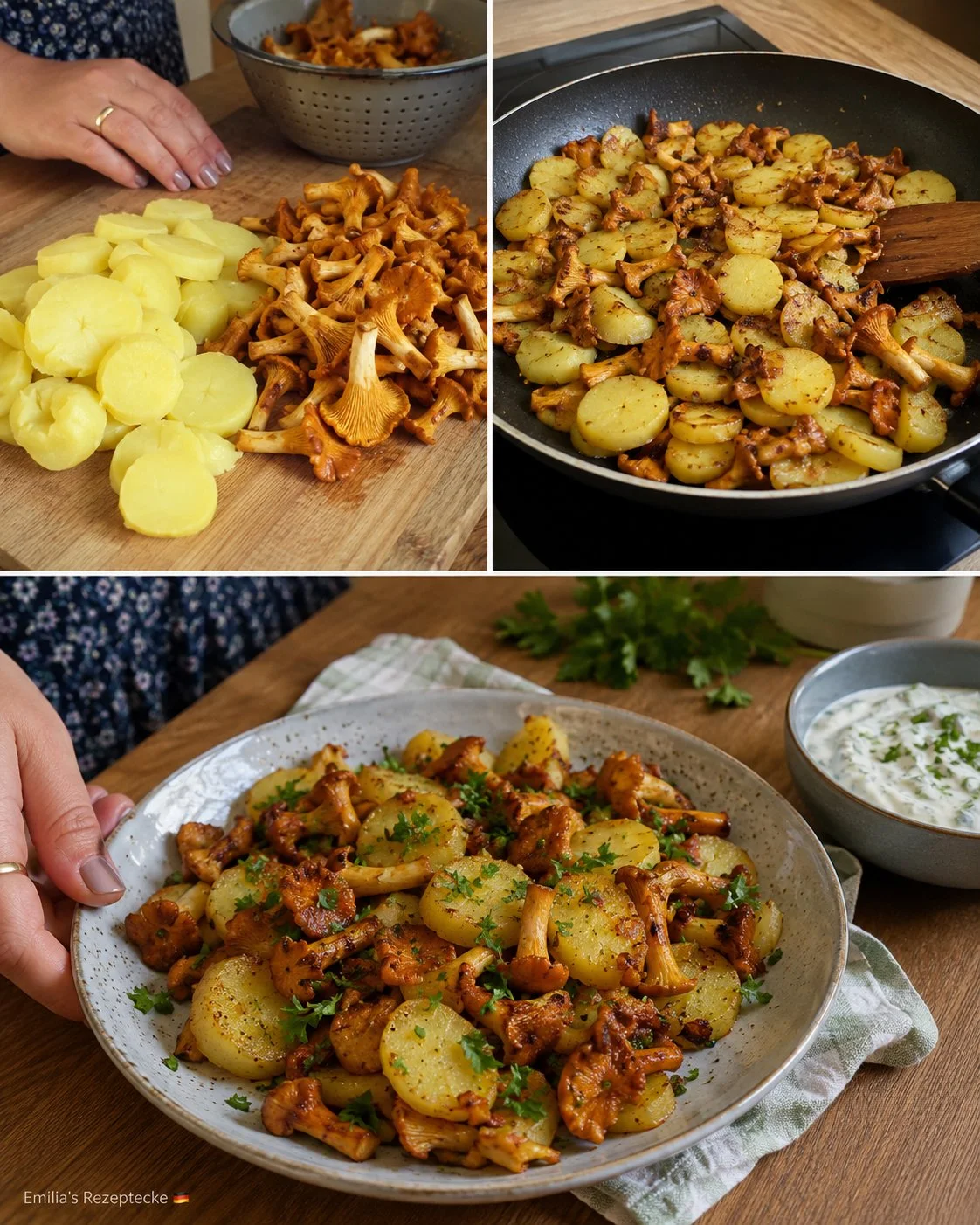 Leckere Pfifferling-Kartoffel-Pfanne mit frischem Kräuterquark serviert
