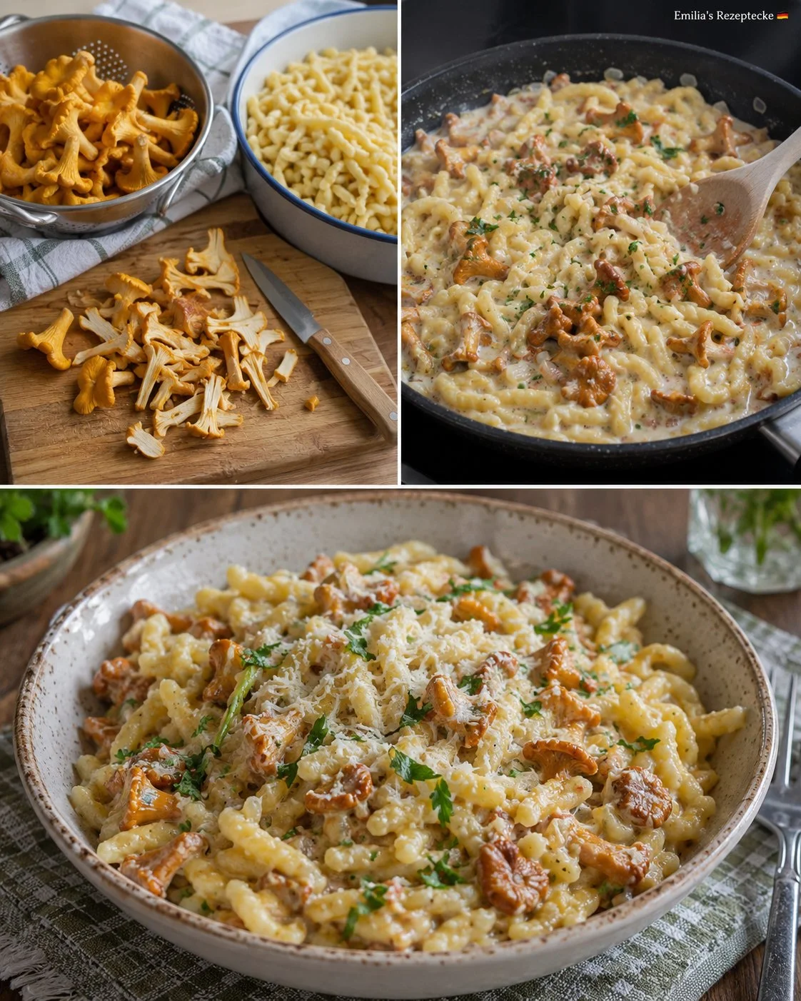 Pfifferling-Spätzle-Pfanne mit cremiger Rahmsoße auf einem Teller serviert.
