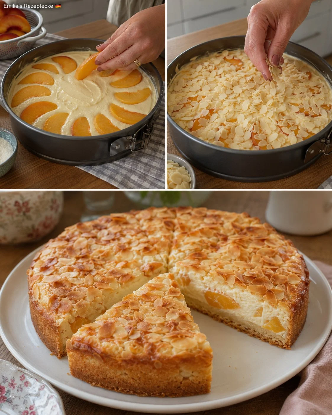 Pfirsich-Schmand-Kuchen mit Mandeldecke auf einem Teller serviert