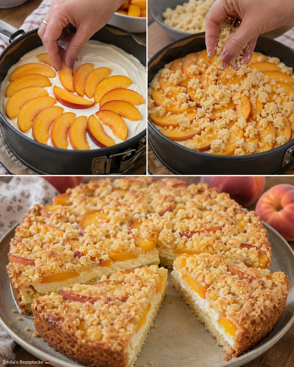 Pfirsich-Streuselkuchen mit Quark und Streuseln frisch gebacken