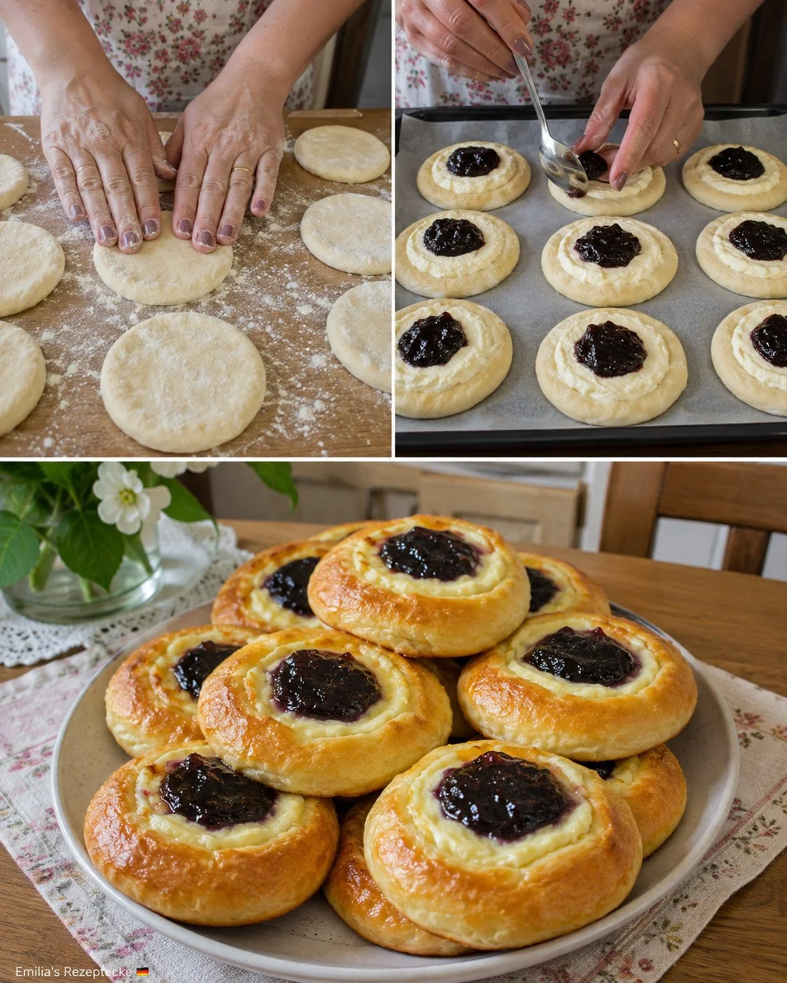 Pflaumenmus-Käsekuchen-Taler auf einem Teller, frisch gebacken und appetitlich angerichtet