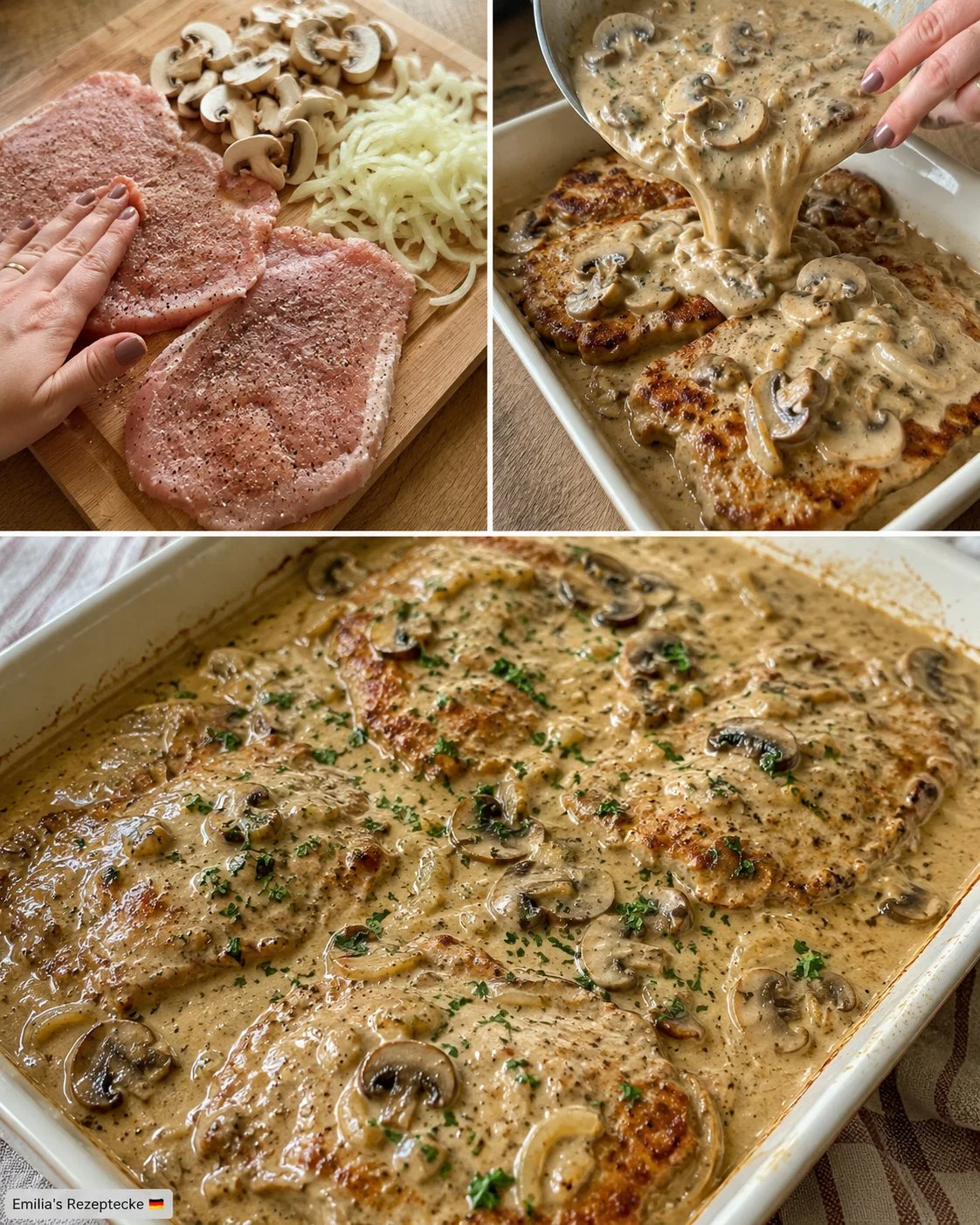 Leckeres Pilzrahm-Schnitzel frisch aus dem Ofen serviert mit Pilzsoße