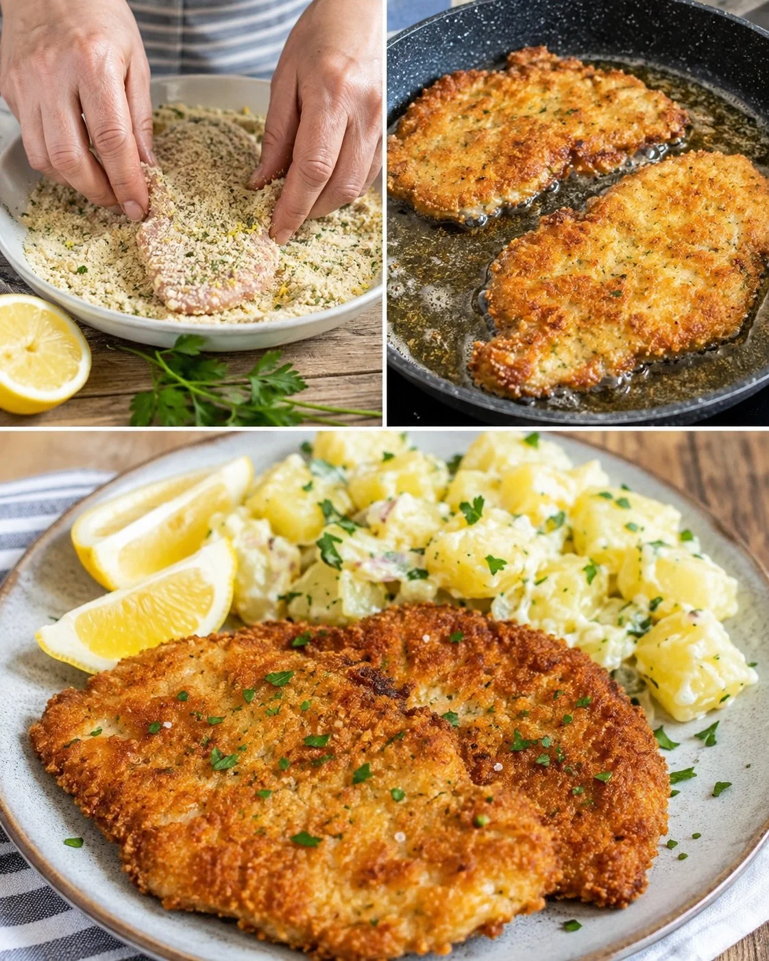 Puten-Schnitzel mit Zitronen-Kräuterkruste auf einem Teller