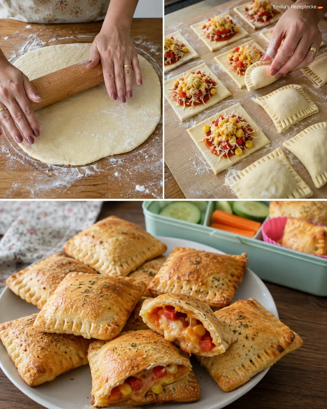 Quark-Öl-Teig Brotdosen-Pizzataschen auf einem Holzbrett