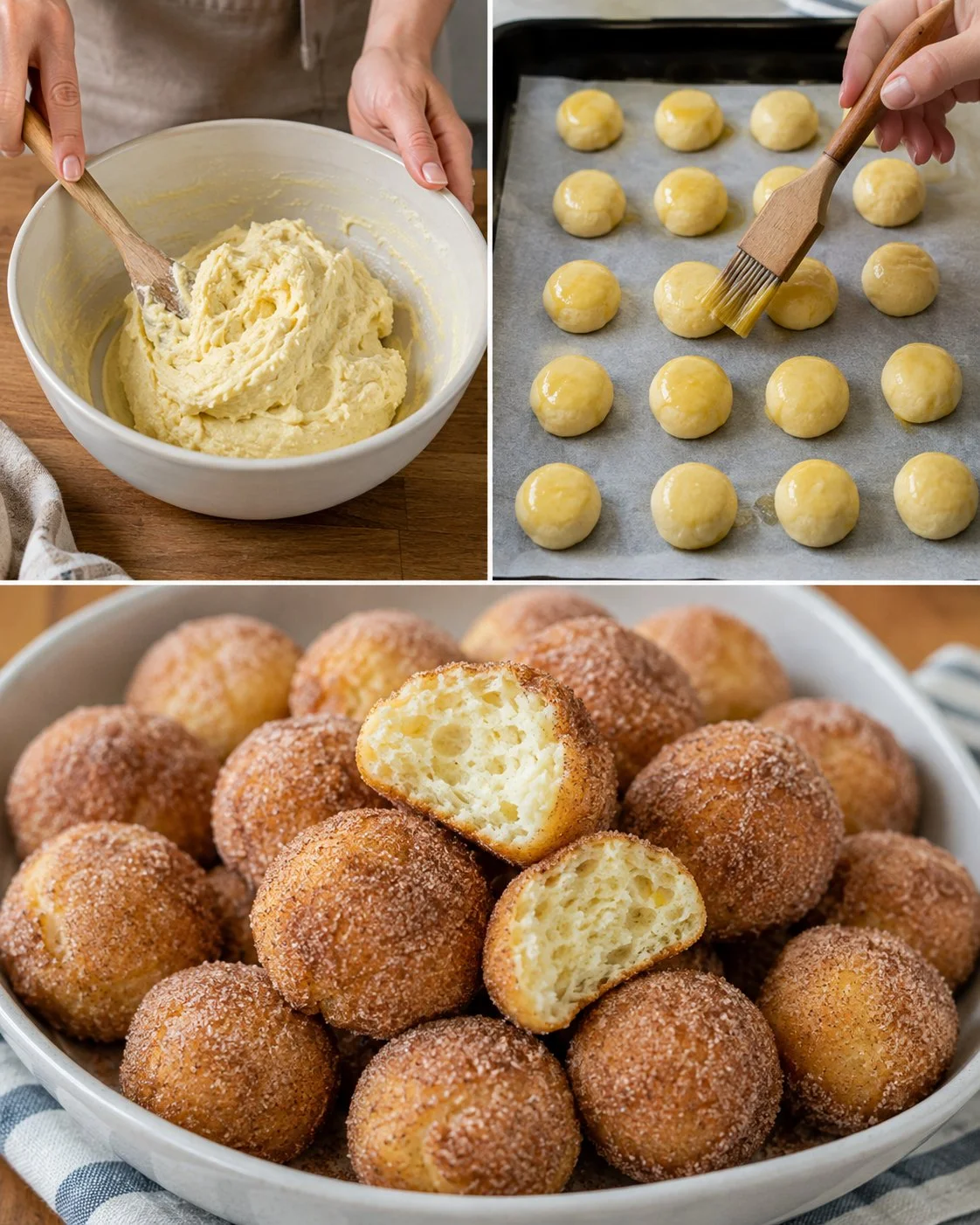 Frisch gebackene Quarkbällchen mit Zimtzucker aus dem Ofen