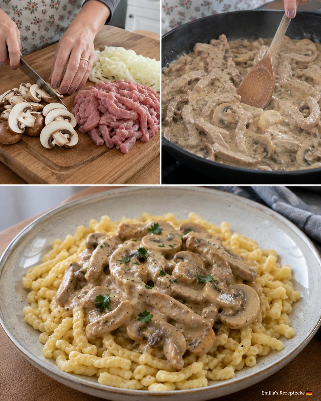 Rahmgeschnetzeltes mit Champignons und Spätzle auf einem Teller serviert.