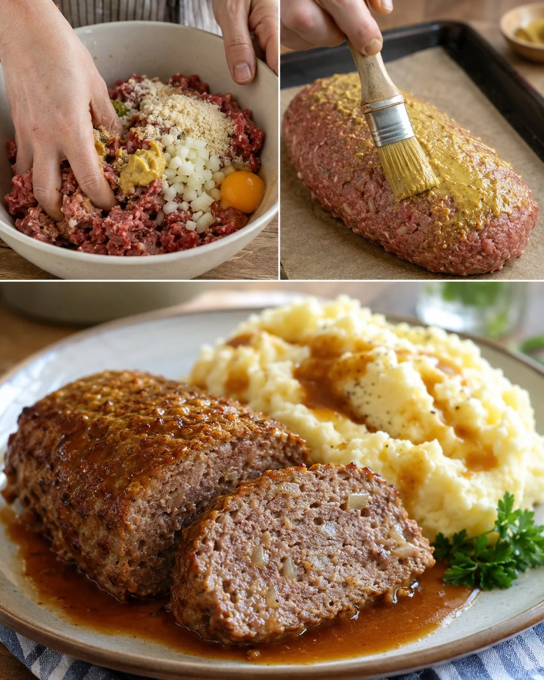 Rinder-Hackbraten mit Senfkruste und samtigem Kartoffelpüree auf einem Teller