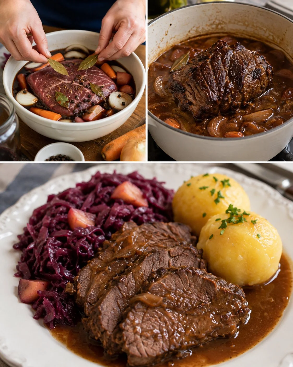 Rinder-Sauerbraten-Topf serviert mit Apfelrotkohl auf einem Teller
