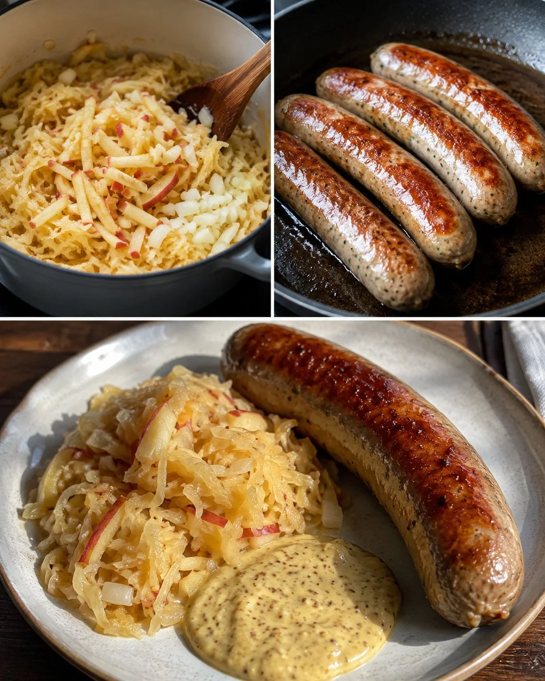 Rinderbratwurst serviert mit Apfel-Sauerkraut und Senfsoße auf einem Teller