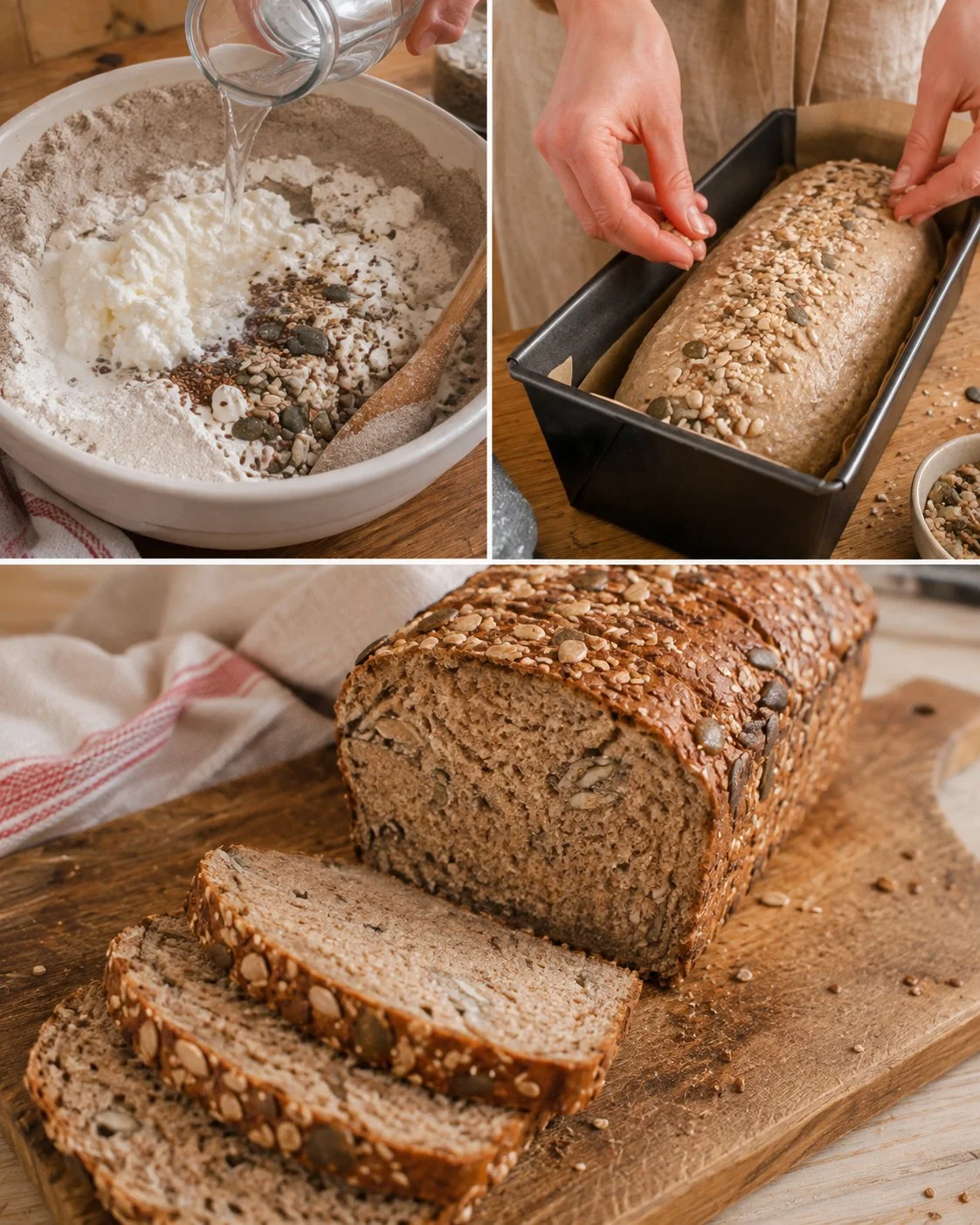 Roggen-Dinkel-Brot mit Quark und verschiedenen Körnern auf einem Holzbrett