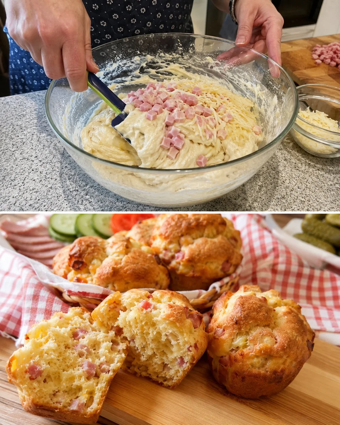 Schinken-Käse-Muffins auf einem Teller serviert.