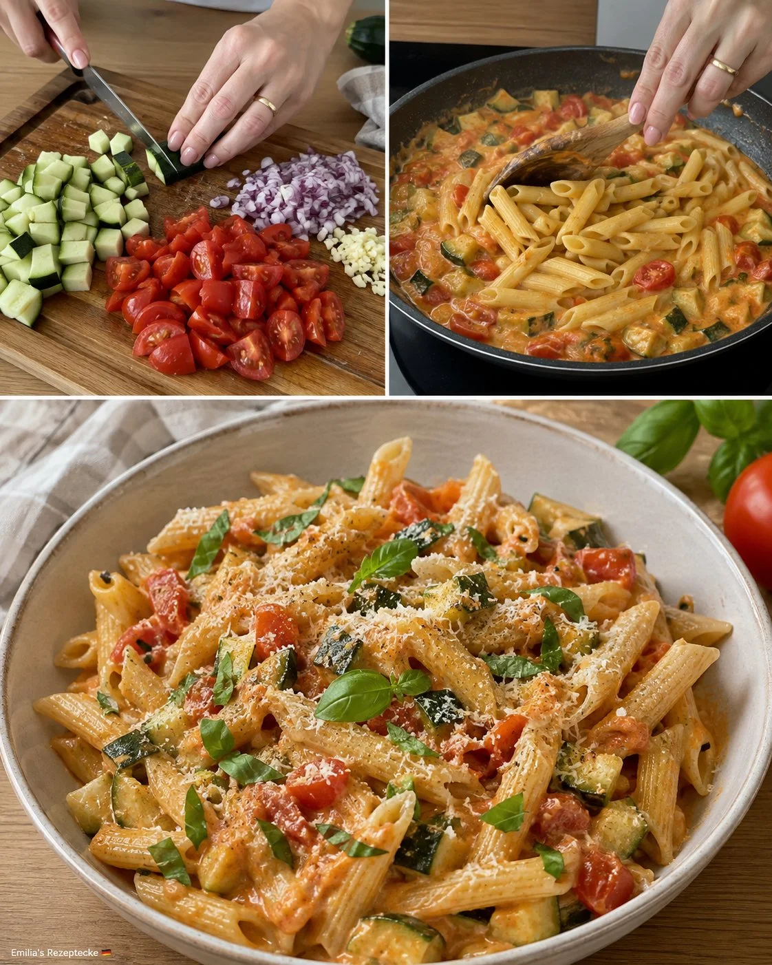 Schnelle Zucchini-Tomaten-Pasta aus der Pfanne, gesund und lecker