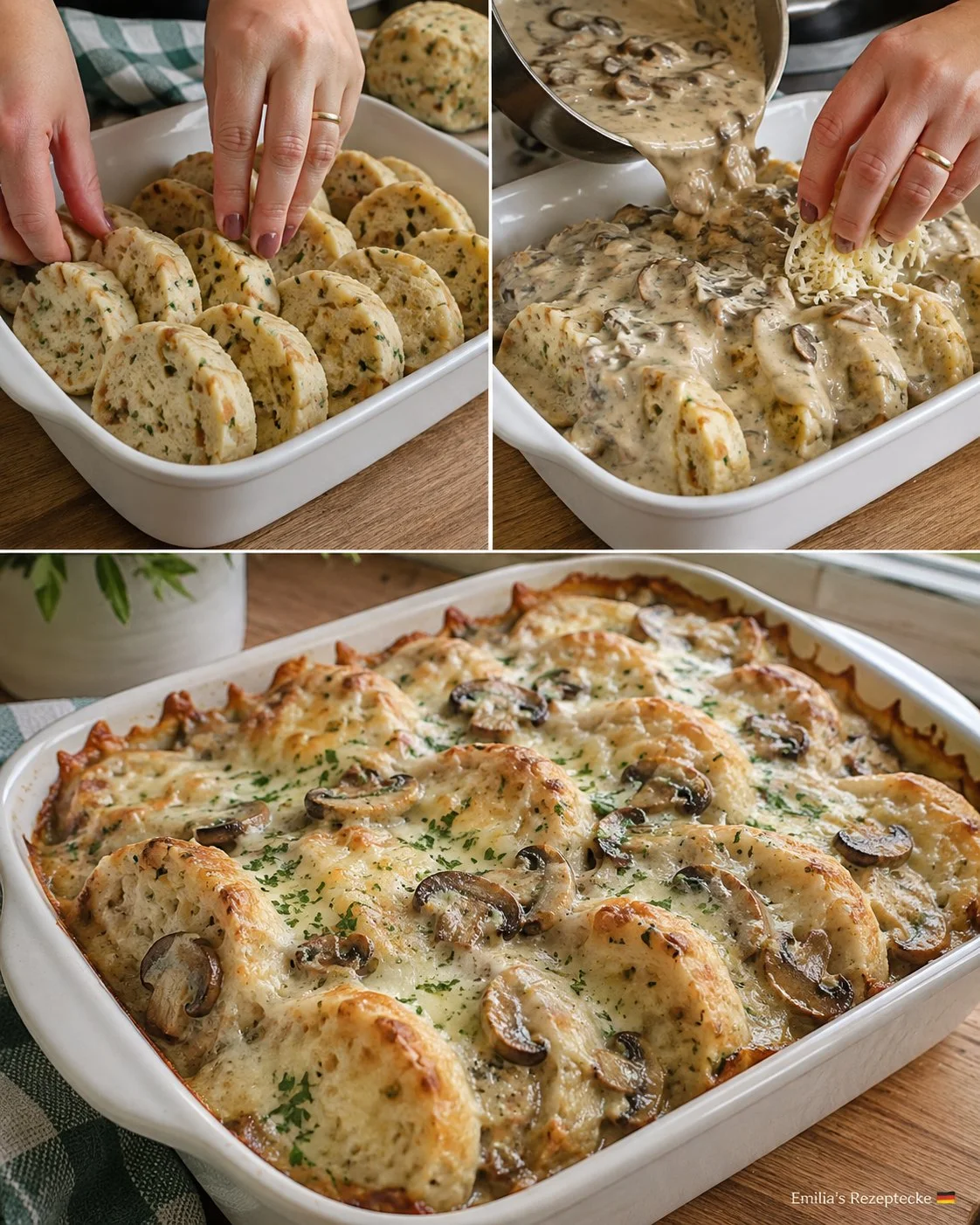 Semmelknödel-Gratin mit Pilzrahm, herzhaft und lecker serviert