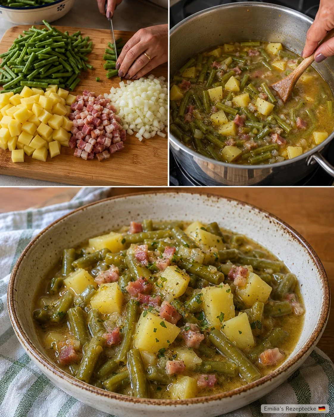 Leckerer Speckbohnen-Eintopf mit Kartoffeln in einer Schüssel