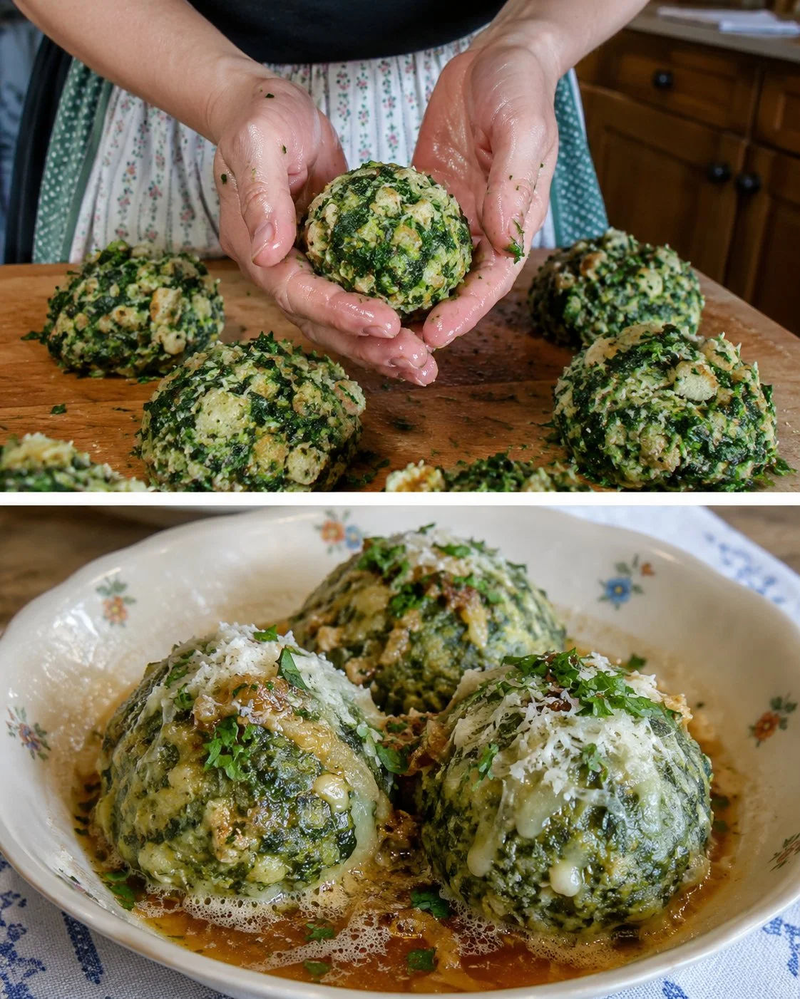 Spinatknödel mit brauner Butter und Bergkäse auf einem Teller serviert.