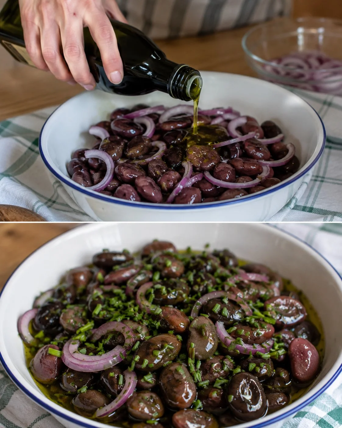Steirischer Käferbohnensalat mit Kernöl auf einem Teller angerichtet.