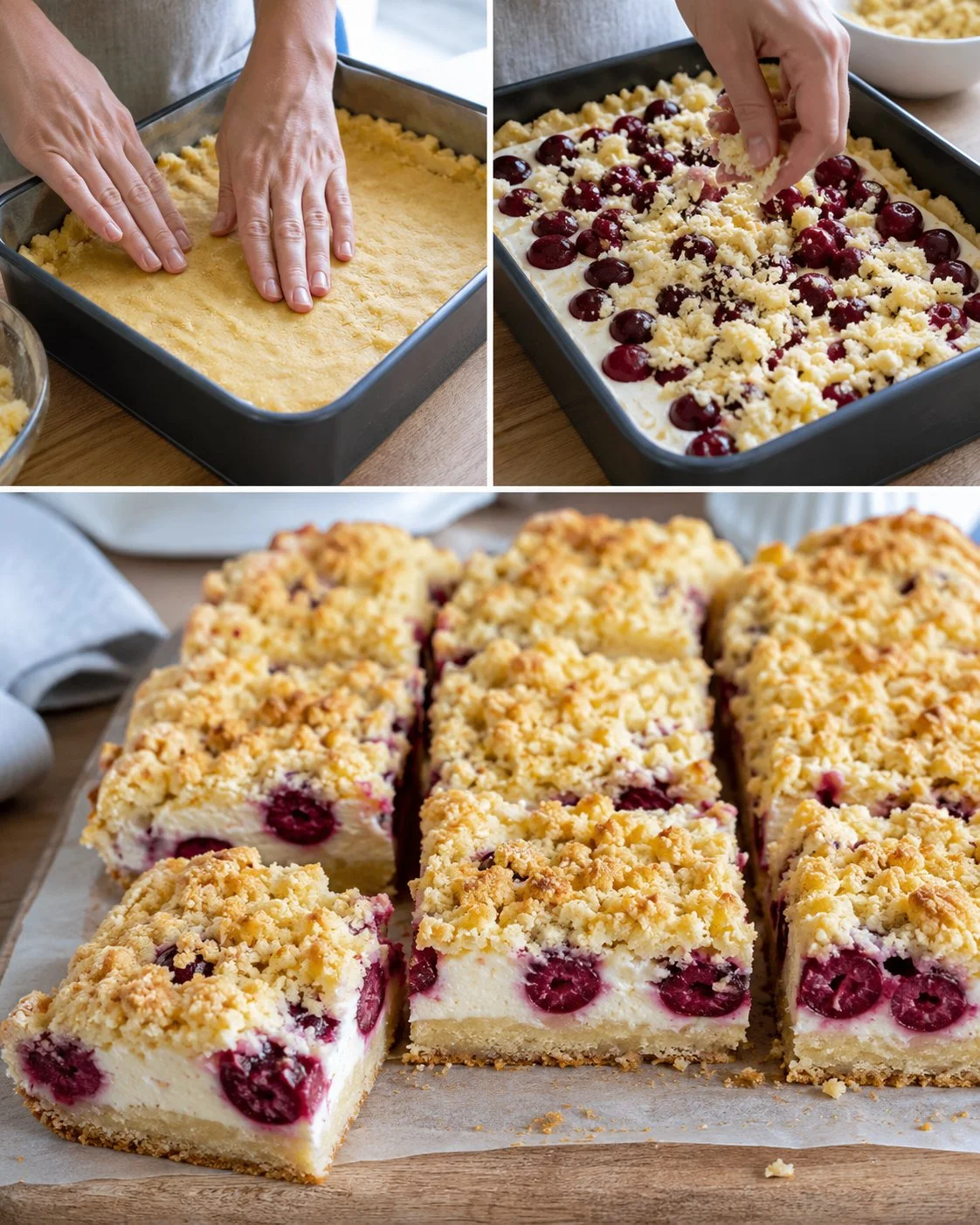 Streuselkuchen mit Quark und Sauerkirschen frisch gebacken auf einem Tisch