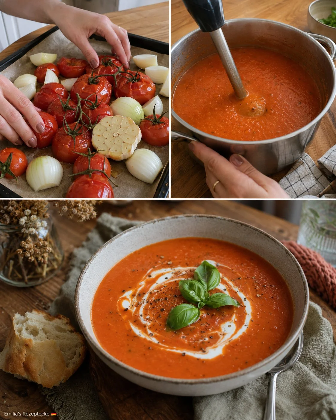 Schale mit Tomaten-Knoblauch-Suppe aus Ofentomaten, garniert mit frischen Kräutern.