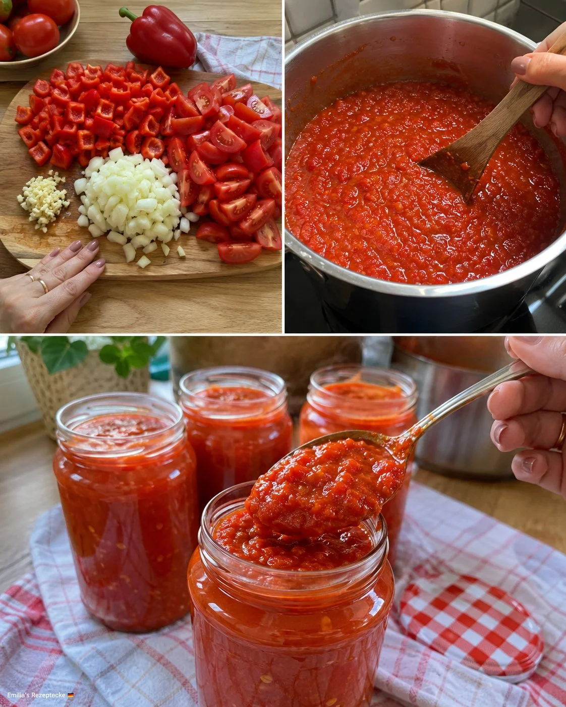 Hausgemachte Tomaten-Paprika-Soße auf Vorrat in einem Glas