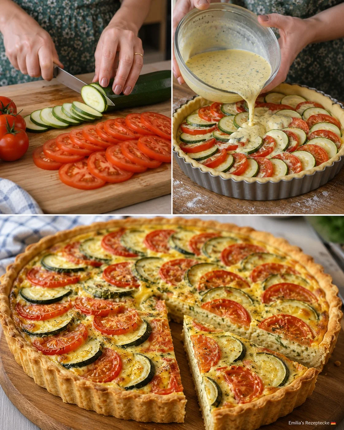 Tomaten-Zucchini-Quiche ohne Speck auf einem Teller serviert